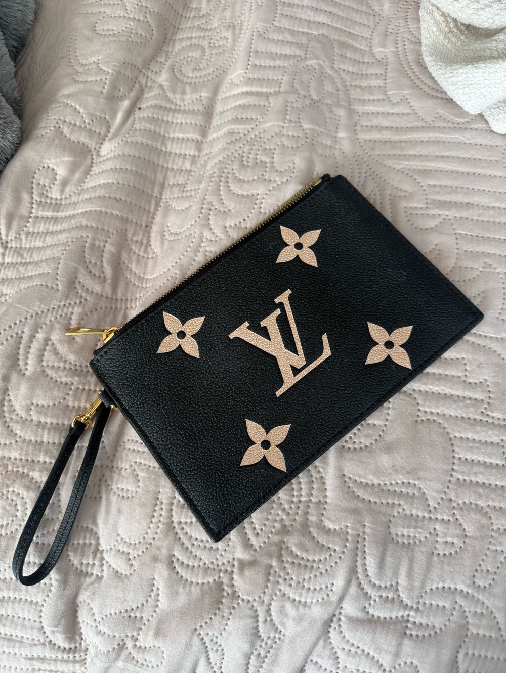 Louis Vuitton Black Wristlet Pouch with Beige Monogram